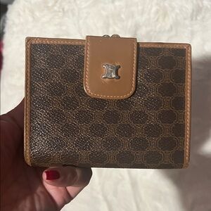 Celine Vintage Macadam compact wallet in brown coated canvas and leather.